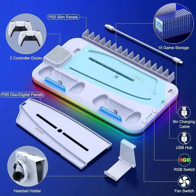 Alt view image 3 of 7 - PS5 Slim Stand and Turbo Cooling Station with Controller Charging Station for Playsation 5, PS5 Accessories Kits with Cooling Fan, RGB LED, 15 Game Slot, Headset Holder for PS5 Digital/Disc