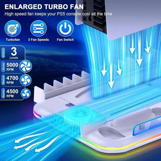 Alt view image 6 of 7 - PS5 Slim Stand and Turbo Cooling Station with Controller Charging Station for Playsation 5, PS5 Accessories Kits with Cooling Fan, RGB LED, 15 Game Slot, Headset Holder for PS5 Digital/Disc