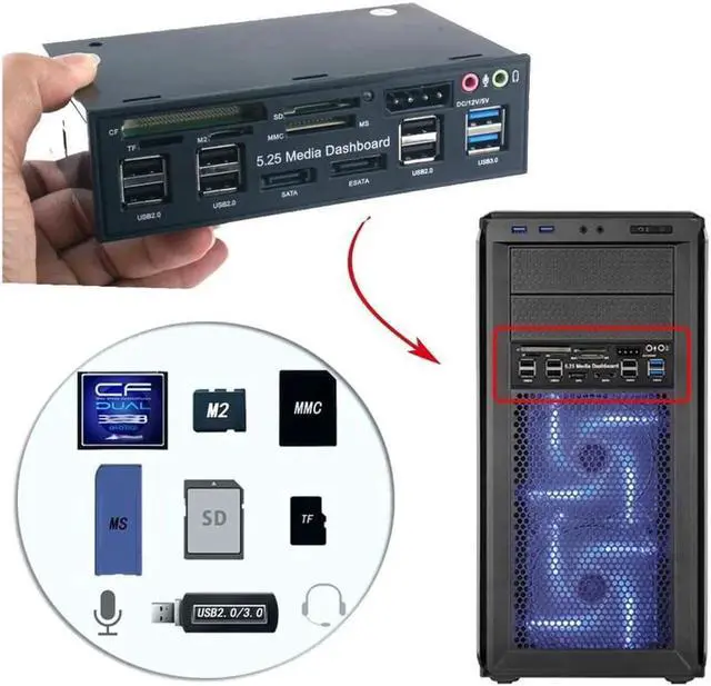 Alt view image 2 of 7 - Multi-Function USB Internal Card Reader 3.0 Hub with eSATA SATA Port PC Dashboard Media Front Panel Audio for SD MS CF TF M2 MMC Memory Cards Fits 5.25" Bay