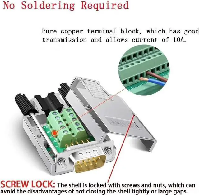 Alt view image 4 of 6 - 2PCS DB9 Breakout Connector, Solderfree Metal Shell RS232 D-SUB Serial to 9-Pin Port Terminal Male Adapter Connector Breakout Board with Case