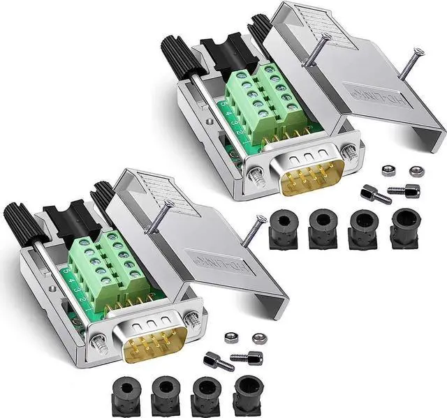 Main image of 2PCS DB9 Breakout Connector, Solderfree Metal Shell RS232 D-SUB Serial to 9-Pin Port Terminal Male Adapter Connector Breakout Board with Case