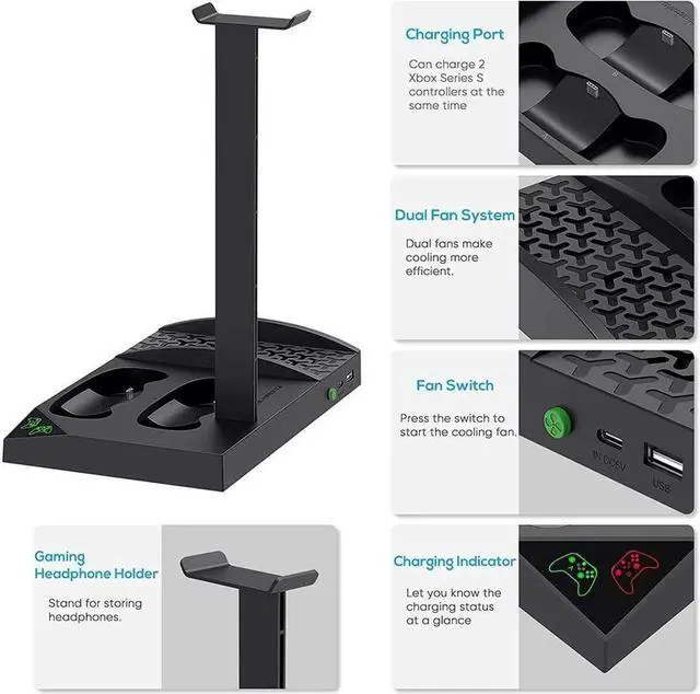 Alt view image 6 of 7 - Upgraded Cooling Stand for Xbox Series S Console with Controller Charging Station - Dual Powerful Cooling Fan & Controller Charger Dock with 2 x 1400mAh Rechargeable Batteries, Headset Holder for XSS