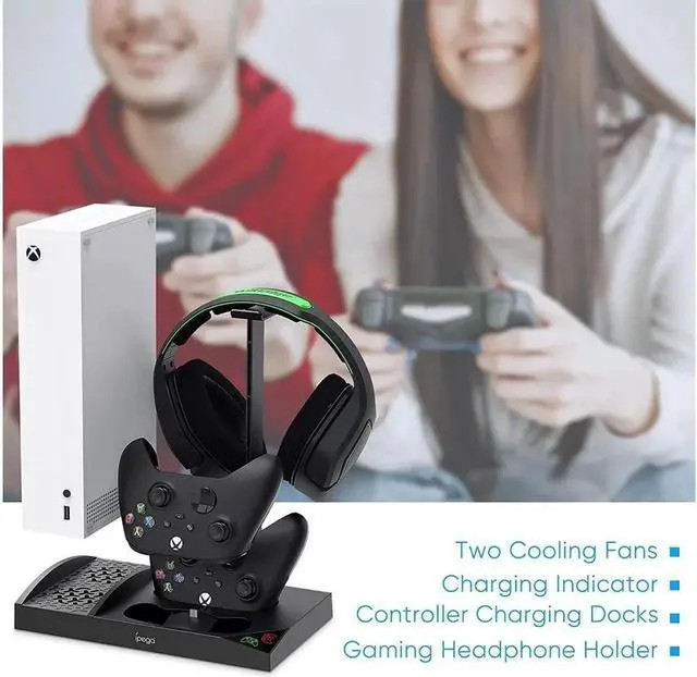 Alt view image 5 of 7 - Upgraded Cooling Stand for Xbox Series S Console with Controller Charging Station - Dual Powerful Cooling Fan & Controller Charger Dock with 2 x 1400mAh Rechargeable Batteries, Headset Holder for XSS