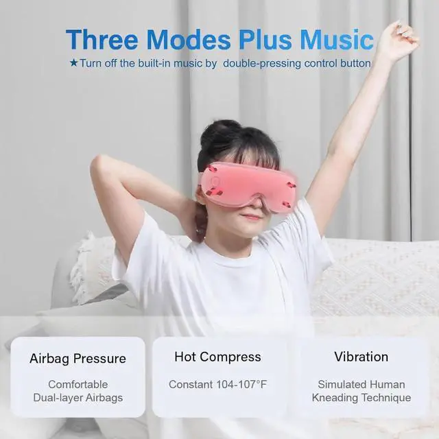 Alt view image 5 of 7 - Hot Compress Massage Eye Mask, Lightweight Bluetooth Music Wireless Eye Massager with Heat and Vibration, Airbag Kneading for Strain Relief