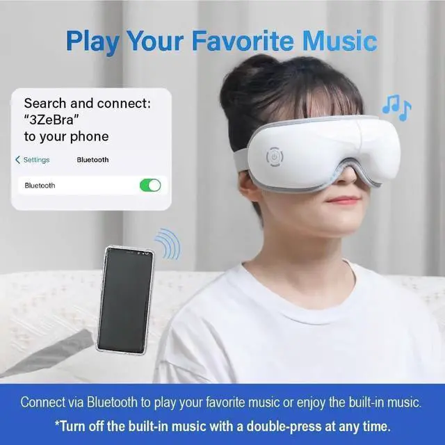 Alt view image 4 of 7 - Hot Compress Massage Eye Mask, Lightweight Bluetooth Music Wireless Eye Massager with Heat and Vibration, Airbag Kneading for Strain Relief