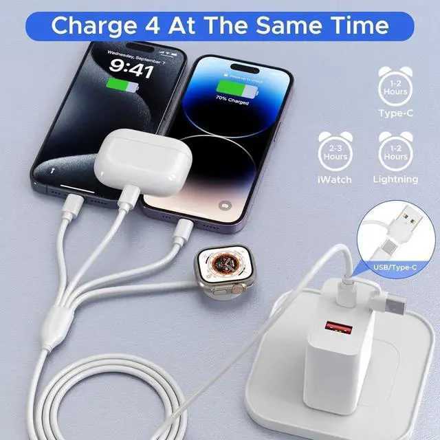 Alt view image 4 of 6 - 4 in 2 Multi Charging Cable for Apple Watch Charger,PD20W USB C+A Charger Block Travel Essentials with L/Type C iWatch for iPhone 16 15 14 13 iWatch Series 10/9/8/7/6/5/4/3/2/1 Galaxy S23