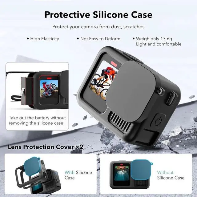 Alt view image 6 of 7 - Accessories for GoPro Hero 13 Black, PU Mini Carrying Case, Silicone Sleeve Rubber Protective Case, Replacement Battery Side Cover, Lens Cap & Screen Protectors for Go Pro 13 Accessories Kit
