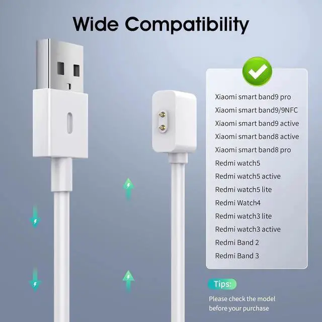 Alt view image 6 of 7 - 2 Pack Charger Compatible with Redmi Watch 5/4/Watch 3 Active/Watch 3 lite, 3.3Ft Portable Charging Cable for Xiaomi Smart Band 9/9 pro/8/8 Pro/Active, White and Black