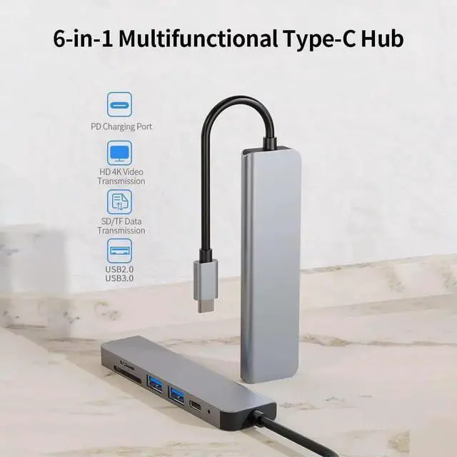Alt view image 6 of 6 - USB C Hub 6-in-1 USB Docking Standation HDMI Adapter 4K PD USB 3.0 Ports TF/SD Card for MacBook/MacBook Pro/MacBook Air/Chromebook/Surface GO/HP Spectre/Dell XPS/Huawei/Matebook/Galaxy
