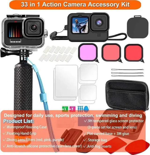 Alt view image 7 of 7 - Accessories Kit for GoPro Hero 13 Black 60M Waterproof Housing Case with Underwater Float Handle Silicone Sleeve Lens Cap Screen Protectors Dive Filters Anti-Fog Inserts Carrying Case