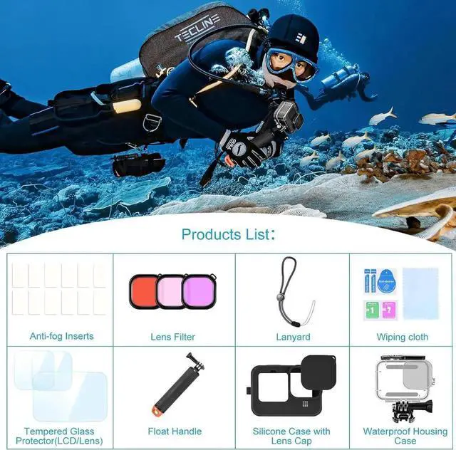 Alt view image 6 of 7 - Accessories Kit for Gopro Hero 13 Black Waterproof Housing Case Underwater Float Handle Silicone Sleeve Lens Cap Tempered Glass Screen Protectors Dive Filters Anti-Fog Inserts Bundle Set