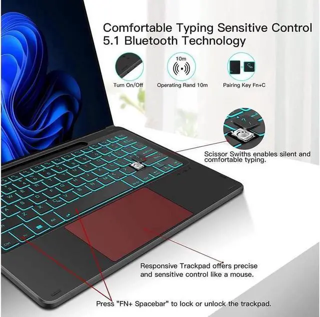 Alt view image 3 of 7 - Type Cover for 13 inch Microsoft Surface Pro 10 / Pro 9 / Pro 8 / Pro X Wireless Thin Bluetooth Keyboard with Trackpad, 7 Colors Backlit Pencil Holder