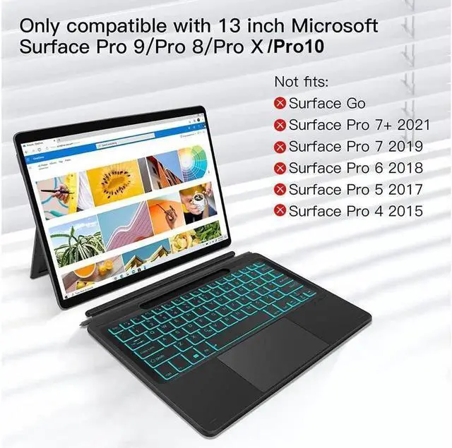 Alt view image 5 of 7 - Type Cover for 13 inch Microsoft Surface Pro 10 / Pro 9 / Pro 8 / Pro X Wireless Thin Bluetooth Keyboard with Trackpad, 7 Colors Backlit Pencil Holder
