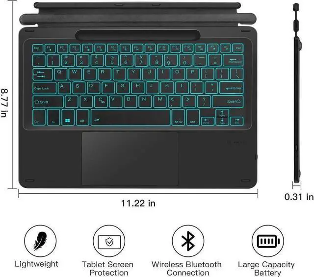 Alt view image 4 of 7 - Type Cover for 13 inch Microsoft Surface Pro 10 / Pro 9 / Pro 8 / Pro X Wireless Thin Bluetooth Keyboard with Trackpad, 7 Colors Backlit Pencil Holder