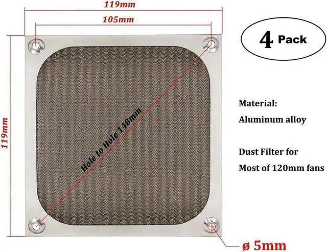 Alt view image 4 of 7 - 4 Pack 120mm Computer Fan Filter Grills with Screws Ultra Fine Aluminum Mesh