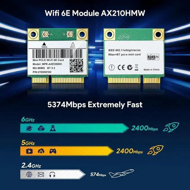Alt view image 6 of 6 - AX210HMW WiFi Card, Wi-Fi 6E Laptop Wireless Card Mini PCIE Interface, Tri-Band Wireless Module for Laptop, 802.11AX WiFi Adapter with Bluetooth 5.3, MU-MIMO, Supports Windows 11/10 (64bit)/Linux