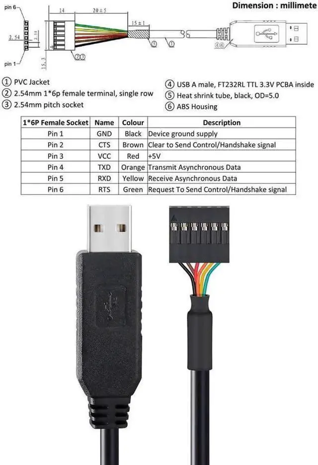 Alt view image 5 of 5 - FTDI USB to TTL Serial 3.3V Adapter Cable 6 Pin 0.1 inch Pitch Female Socket Header UART IC FT232RL Chip Windows 11 10 8 7 Linux - 6 feet