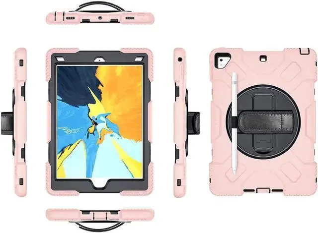Alt view image 5 of 7 - Case for iPad 6th 5th Generation 9.7 inch 2018 2017 / iPad Pro 9.7 / iPad Air 2 Protective Cover with 360° Rotating Stand, Hand/Shoulder Strap, Pencil Holder Rose Gold