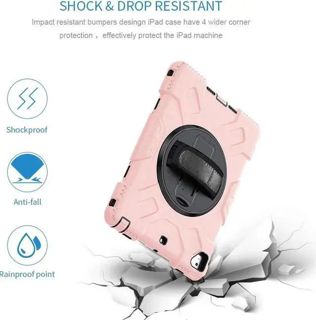 Alt view image 7 of 7 - Case for iPad 6th 5th Generation 9.7 inch 2018 2017 / iPad Pro 9.7 / iPad Air 2 Protective Cover with 360° Rotating Stand, Hand/Shoulder Strap, Pencil Holder Rose Gold