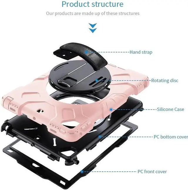 Alt view image 4 of 7 - Case for iPad 6th 5th Generation 9.7 inch 2018 2017 / iPad Pro 9.7 / iPad Air 2 Protective Cover with 360° Rotating Stand, Hand/Shoulder Strap, Pencil Holder Rose Gold