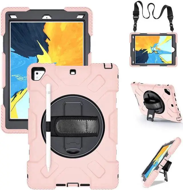 Main image of Case for iPad 6th 5th Generation 9.7 inch 2018 2017 / iPad Pro 9.7 / iPad Air 2 Protective Cover with 360° Rotating Stand, Hand/Shoulder Strap, Pencil Holder Rose Gold