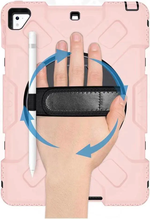 Alt view image 2 of 7 - Case for iPad 6th 5th Generation 9.7 inch 2018 2017 / iPad Pro 9.7 / iPad Air 2 Protective Cover with 360° Rotating Stand, Hand/Shoulder Strap, Pencil Holder Rose Gold