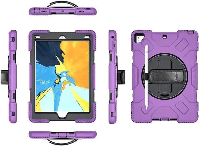 Alt view image 6 of 7 - Case for iPad 6th 5th Generation 9.7 inch 2018 2017 / iPad Pro 9.7 / iPad Air 2 Protective Cover with 360° Rotating Stand, Hand/Shoulder Strap, Pencil Holder Purple