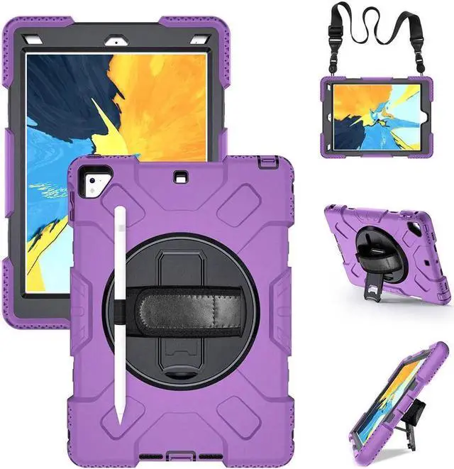 Main image of Case for iPad 6th 5th Generation 9.7 inch 2018 2017 / iPad Pro 9.7 / iPad Air 2 Protective Cover with 360° Rotating Stand, Hand/Shoulder Strap, Pencil Holder Purple