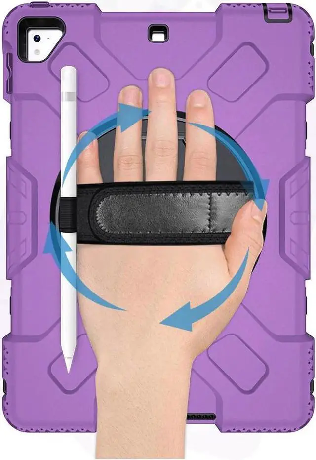 Alt view image 4 of 7 - Case for iPad 6th 5th Generation 9.7 inch 2018 2017 / iPad Pro 9.7 / iPad Air 2 Protective Cover with 360° Rotating Stand, Hand/Shoulder Strap, Pencil Holder Purple