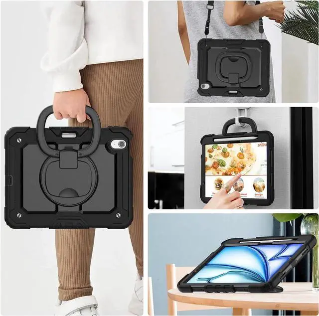 Alt view image 5 of 7 - Case for iPad Air 11 inch M2 M3 2025 2024 6th 7th Generation, Shockproof Protective Cover with Screen Protector, Rotating Stand, Hand/Shoulder Strap, Pencil Holder