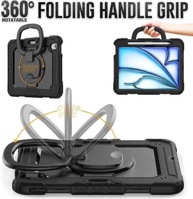 Alt view image 3 of 7 - Case for iPad Air 11 inch M2 M3 2025 2024 6th 7th Generation, Shockproof Protective Cover with Screen Protector, Rotating Stand, Hand/Shoulder Strap, Pencil Holder