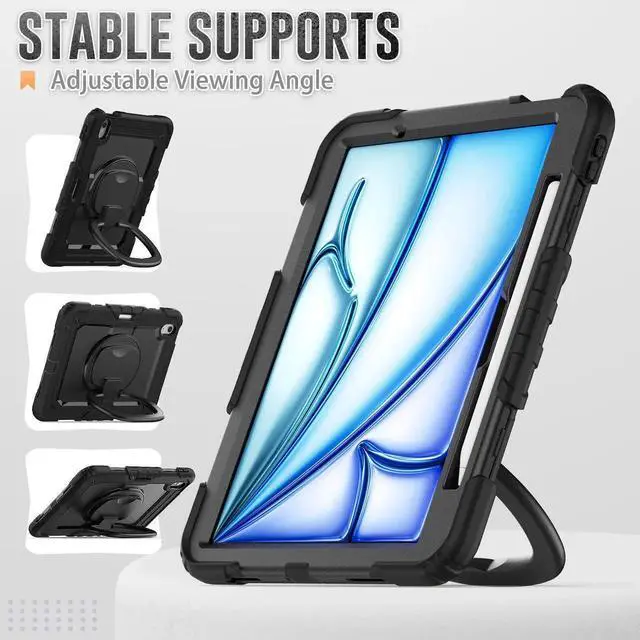 Alt view image 2 of 7 - Case for iPad Air 11 inch M2 M3 2025 2024 6th 7th Generation, Shockproof Protective Cover with Screen Protector, Rotating Stand, Hand/Shoulder Strap, Pencil Holder