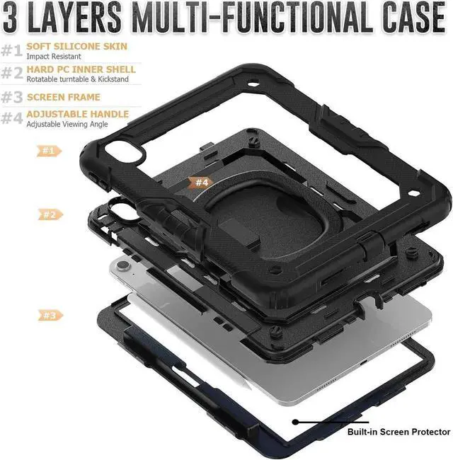 Alt view image 4 of 7 - Case for iPad Air 11 inch M2 M3 2025 2024 6th 7th Generation, Shockproof Protective Cover with Screen Protector, Rotating Stand, Hand/Shoulder Strap, Pencil Holder