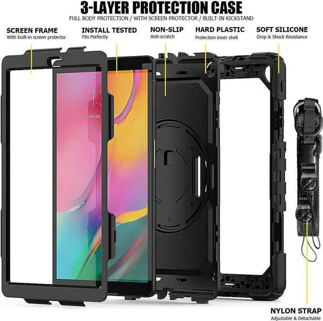 Alt view image 3 of 7 - Case for Samsung Galaxy Tab A 10.1 inch 2019 SM-T510/SM-T515/SM-T517 with Screen Protector Shockproof Protective Cover with Pen Holder Stand and Shoulder Strap Stylus Pen