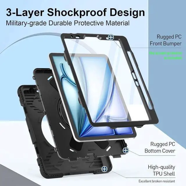 Alt view image 6 of 7 - Case for iPad Air 11 Inch M3 M2 2025 2024, iPad Air 5th / Air 4th Generation Case 2022 2020, iPad Pro 11 2022 - 2018 with Screen Protector/Pen Holder/Rotating Stand/Hand Strap/Shoulder Strap