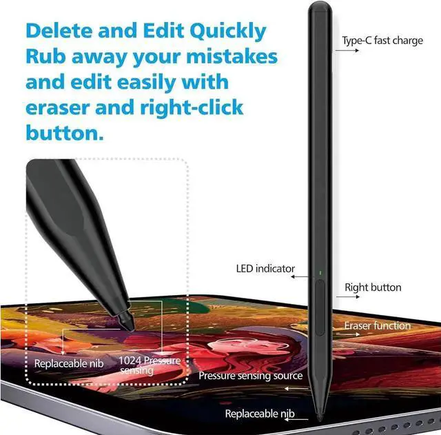 Alt view image 7 of 7 - Stylus Pen for Microsoft Surface Pro11/10/9/8/X/7+/6/5/4/3/Surface 3, Surface Go 3/2/1, Surface Laptop/Studio/Book 4/3/2/1 with Eraser Side Button,Palm Rejection,Tilt Function,1024 Pressure