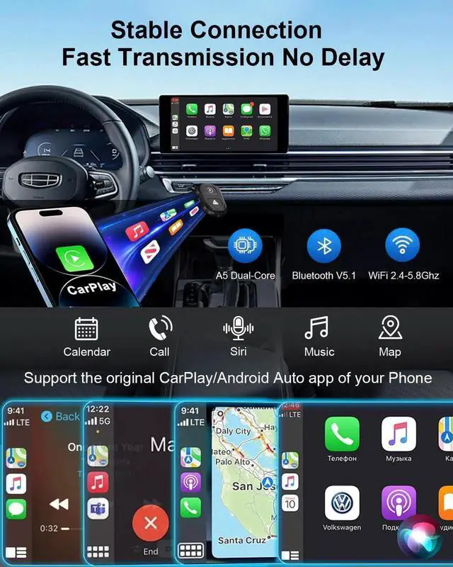 Alt view image 2 of 7 - 2-in-1 Wireless CarPlay Adapter & Android Auto 2024 Upgrade Dongle Convert Wired Apple Car Play to Wireless, Plug & Play, Fast Auto Connect, Compatible with iOS 10+ & Android 11+