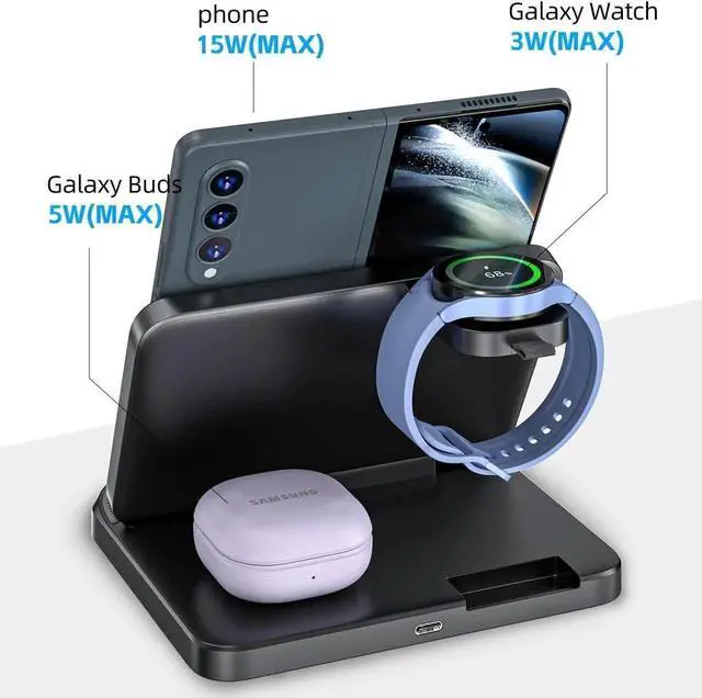 Alt view image 3 of 6 - for Samsung Z Fold 6 Wireless Charger Station, 3 in 1 Foldable Fast Charging Stand for Galaxy Z Fold 6/5/4/3, Z Flip 6/5/4/3, S24 Ultra/S23, Travel Galaxy Watch Charger for Ultra 7 6 5 Pro