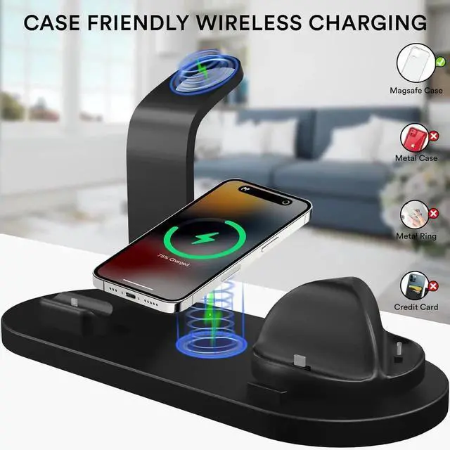 Alt view image 3 of 7 - 4 in 1 Wireless Charging Station for Smartwatches, Smartphones, Earbuds - 15W Fast Wireless Charger for Apple iPhone, iWatch, Airpod with Adapter & iWatch Charging Cable