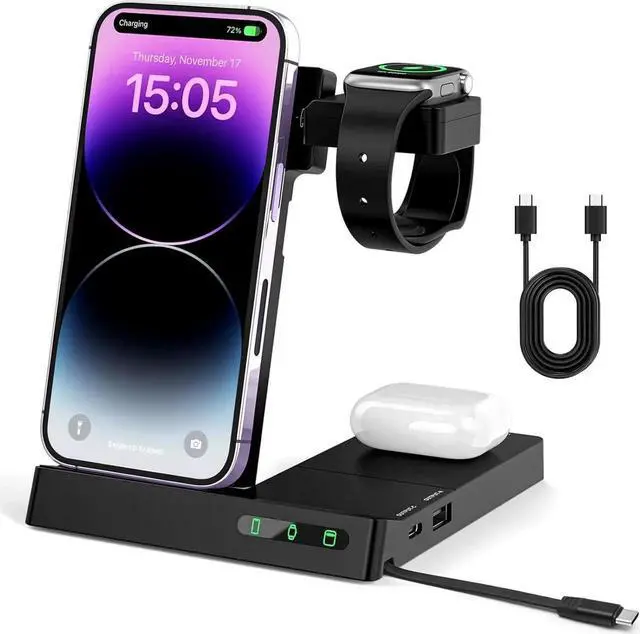 Main image of 6 in 1 Wireless Charging Station for Multiple Devices Apple Samsung, Foldable Charger Stand Dock for iPhone 15 14 13 12 11 8 Pro Max Plus Mini SE XS Max XR X Watch Earphone Galaxy Buds 2 Pro