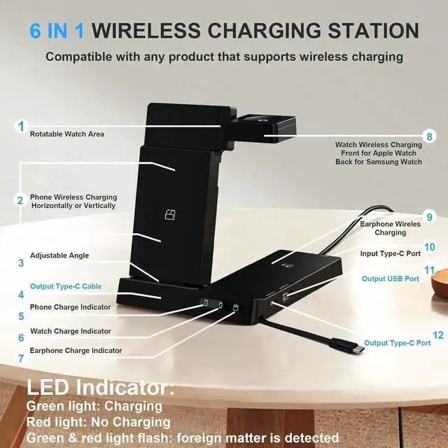 Alt view image 5 of 7 - 6 in 1 Wireless Charging Station for Multiple Devices Apple Samsung, Foldable Charger Stand Dock for iPhone 15 14 13 12 11 8 Pro Max Plus Mini SE XS Max XR X Watch Earphone Galaxy Buds 2 Pro