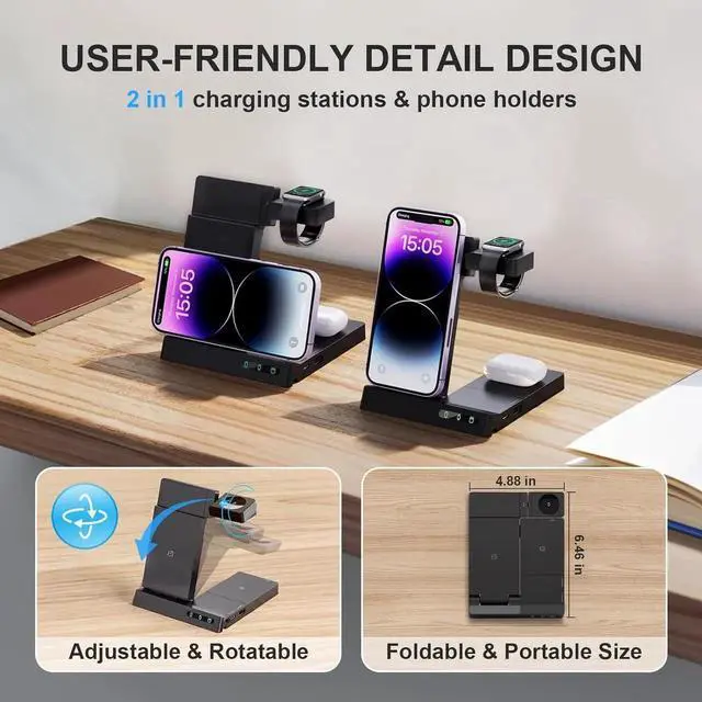 Alt view image 6 of 7 - 6 in 1 Wireless Charging Station for Multiple Devices Apple Samsung, Foldable Charger Stand Dock for iPhone 15 14 13 12 11 8 Pro Max Plus Mini SE XS Max XR X Watch Earphone Galaxy Buds 2 Pro