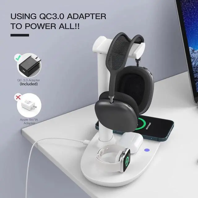 Alt view image 2 of 7 - Headphone Stand with 15w Wireless Charger, 4 in 1 Charging Station Headset Holder for AirPods Max/Pro/4/3/2 iWatch 10/9/8/7/6/5/4/3/2/1/SE iPhone 16/15/14/13/12/11/X for Desktop Table Game