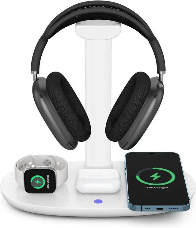 Alt view image 3 of 7 - Headphone Stand with 15w Wireless Charger, 4 in 1 Charging Station Headset Holder for AirPods Max/Pro/4/3/2 iWatch 10/9/8/7/6/5/4/3/2/1/SE iPhone 16/15/14/13/12/11/X for Desktop Table Game