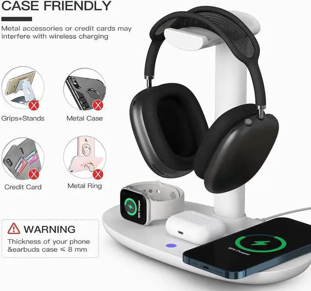 Alt view image 5 of 7 - Headphone Stand with 15w Wireless Charger, 4 in 1 Charging Station Headset Holder for AirPods Max/Pro/4/3/2 iWatch 10/9/8/7/6/5/4/3/2/1/SE iPhone 16/15/14/13/12/11/X for Desktop Table Game