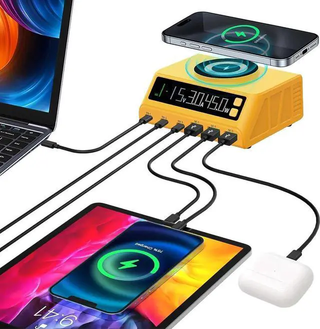 Alt view image 2 of 7 - USB C Charging Station for Multiple Devices,110W 6-Ports GaN Chargers Block,Magnetic Wireless Multi Charging Station Dock for iPod, iPhone, iPad, MacBook,Laptop,Samsung,Tablet, Android