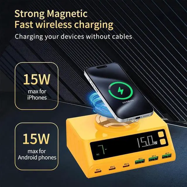 Alt view image 6 of 7 - USB C Charging Station for Multiple Devices,110W 6-Ports GaN Chargers Block,Magnetic Wireless Multi Charging Station Dock for iPod, iPhone, iPad, MacBook,Laptop,Samsung,Tablet, Android
