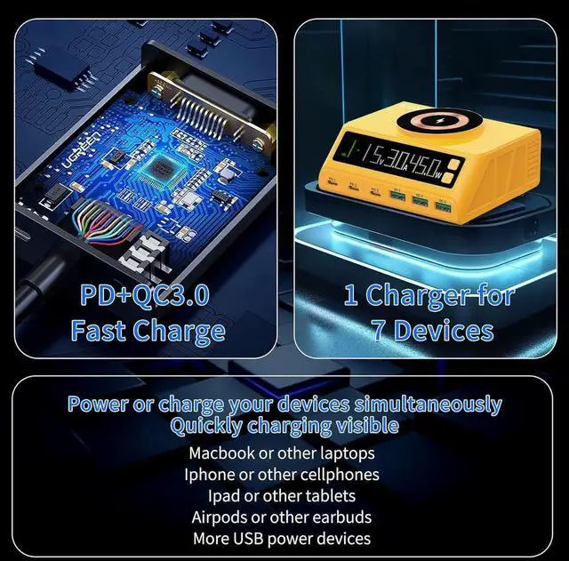 Alt view image 7 of 7 - USB C Charging Station for Multiple Devices,110W 6-Ports GaN Chargers Block,Magnetic Wireless Multi Charging Station Dock for iPod, iPhone, iPad, MacBook,Laptop,Samsung,Tablet, Android