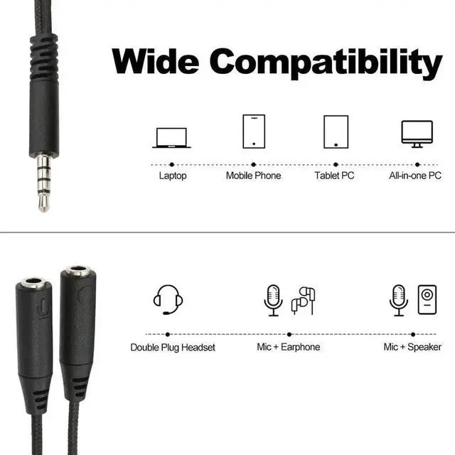 Alt view image 3 of 6 - 2PCS Audio cable 3.5mm Audio Y Splitter Cable Headset Audio Microphone Adapter 2 Female to 1 Male for Phone Tablet PC Laptop