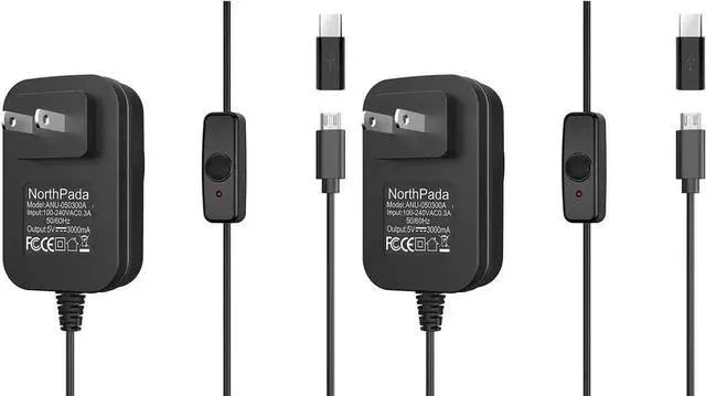 Main image of 2pcs NorthPada Raspberry Pi 3 Model B B+ A+ Plus Power Supply Charger AC Adapter Cord 5V 3A PSU Micro USB 5 Feet with Power On/Off Switch, with a USB C Adapter for Raspberry Pi 4 Model B, Pi 400 - OEM